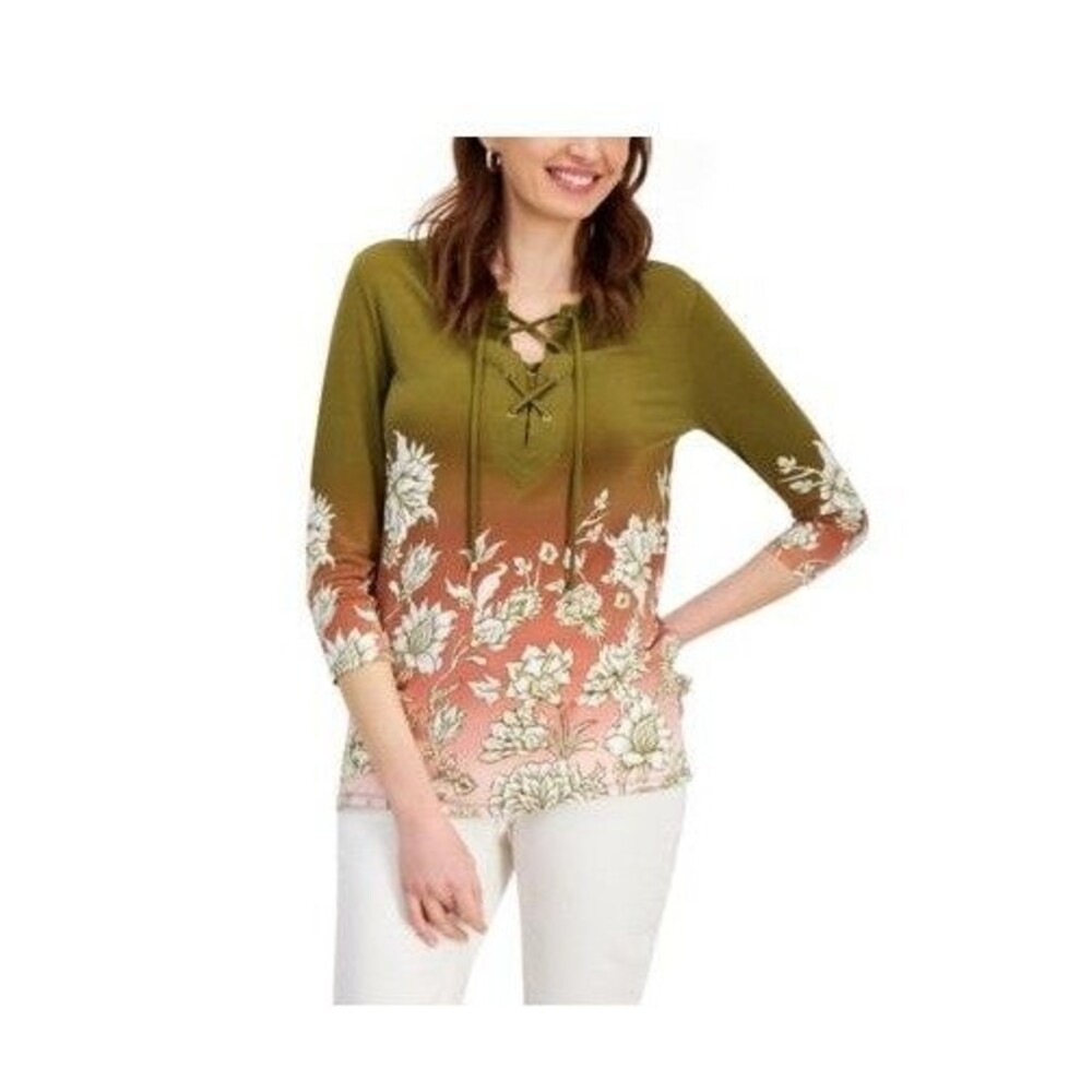 JM Collection Womens S New Avocado Green Pink Floral Blouse Top NWT AQ52